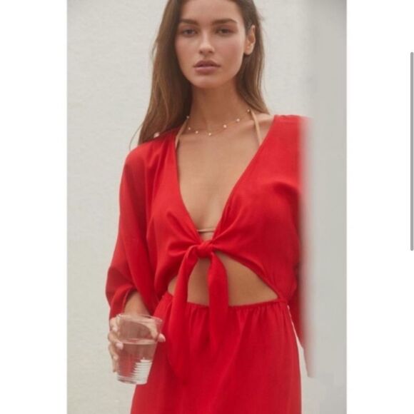 Anthropologie Cut Out Tie Front Cover up Maxi Dress Sz XL in Red - Picture 2 of 7